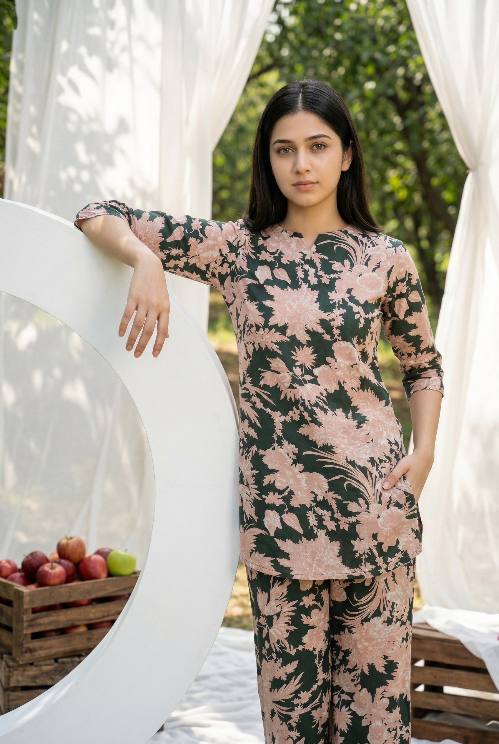 Green Floral Print Round Neck Cotton Night Suit For Women