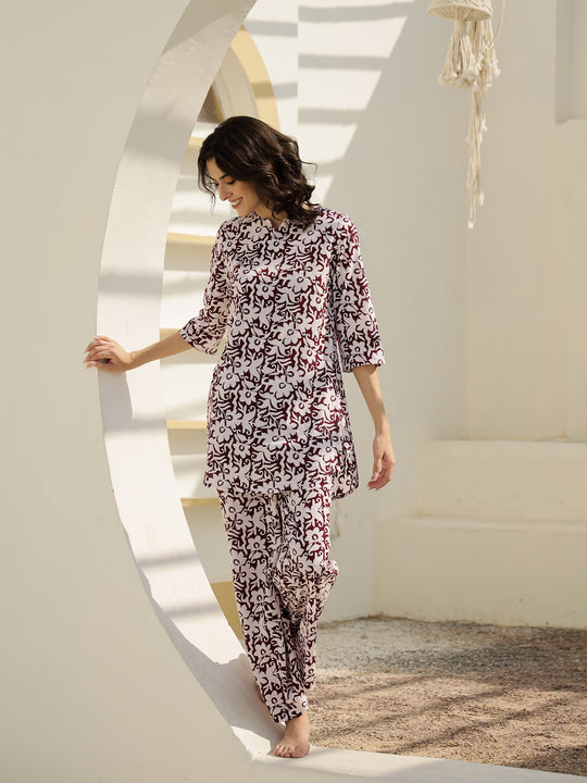 Maroon Floral Printed Cotton Night Suit