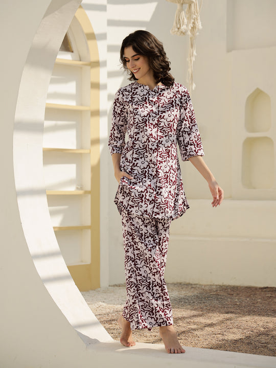 Maroon Floral Printed Cotton Night Suit