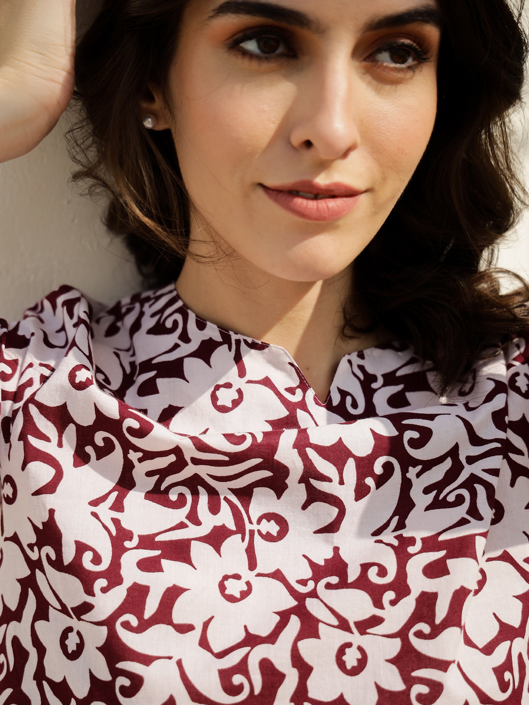 Maroon Floral Printed Cotton Night Suit