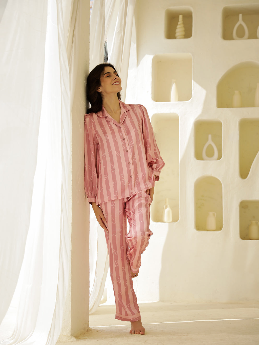 Pink Strips Printed Satin Night Suit Set