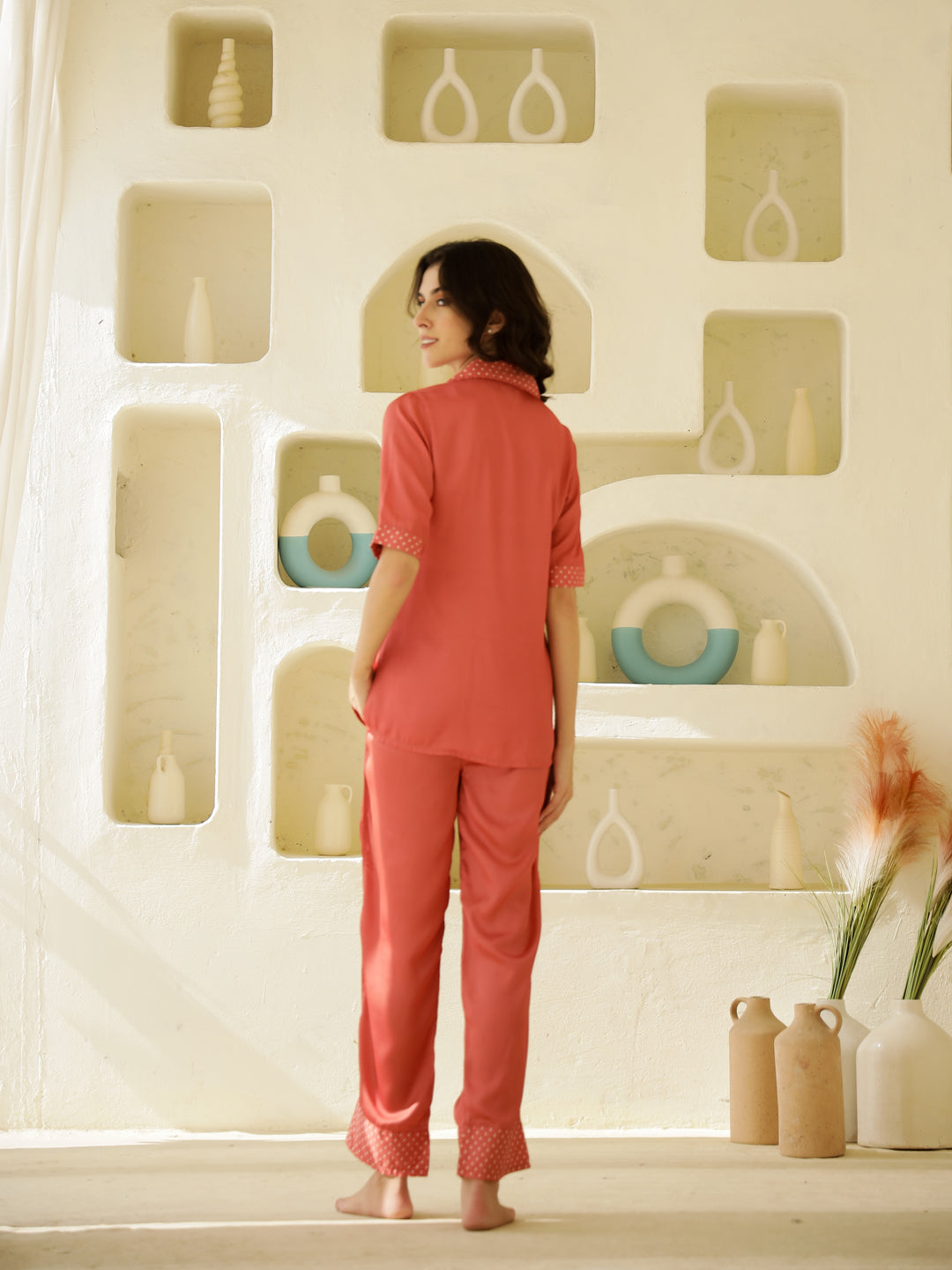 Rust Color Solid Print Satin Night Suit Set - SanskrutiHomes 