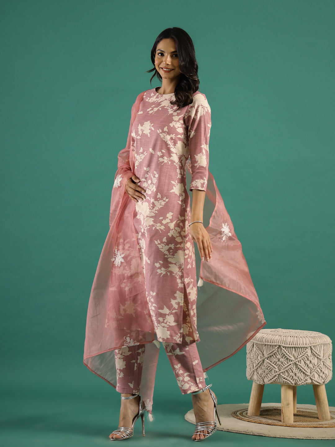 Floral Printed Thread Work Kurta Set For Women