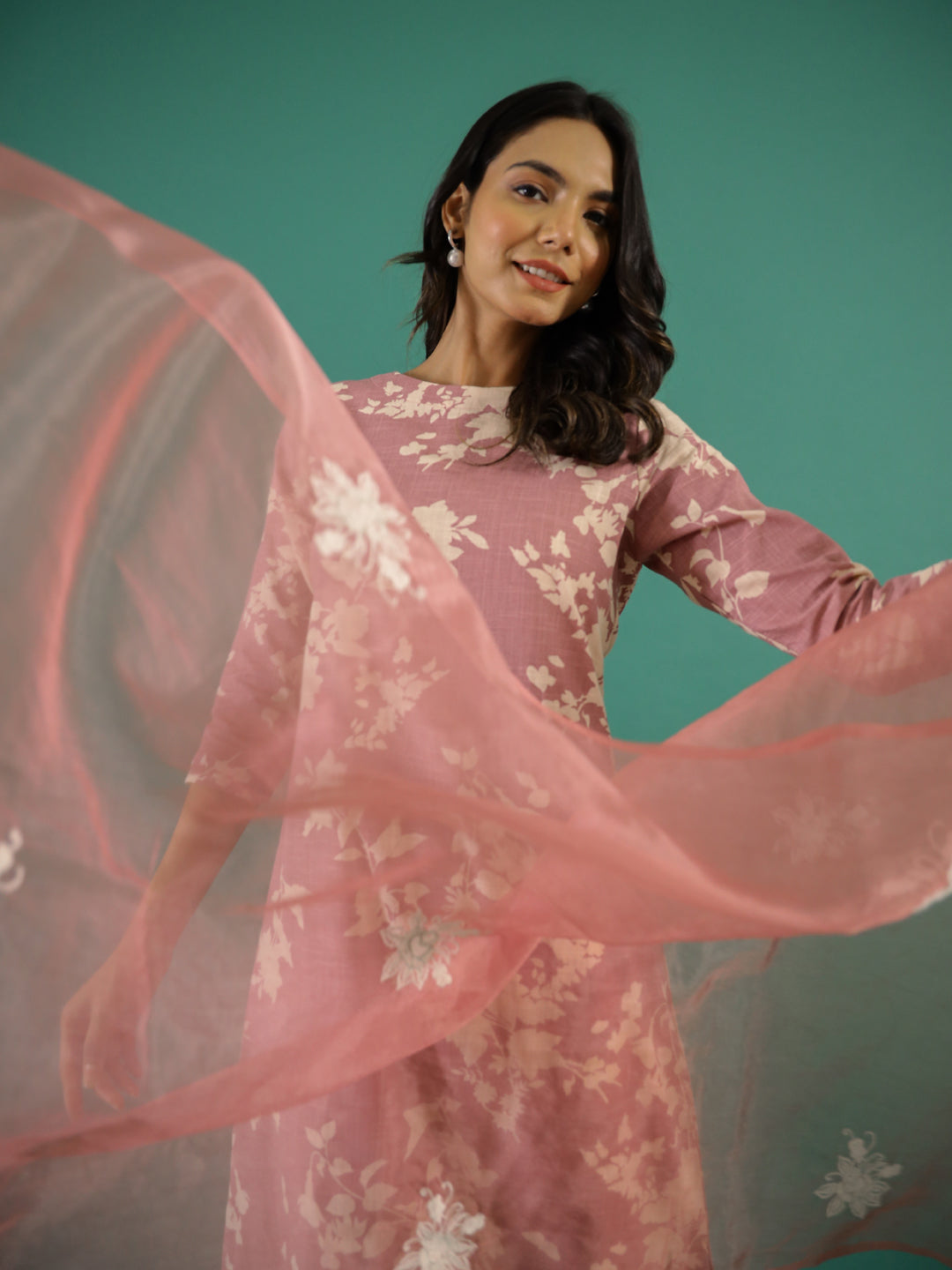 Floral Printed Thread Work Kurta Set For Women