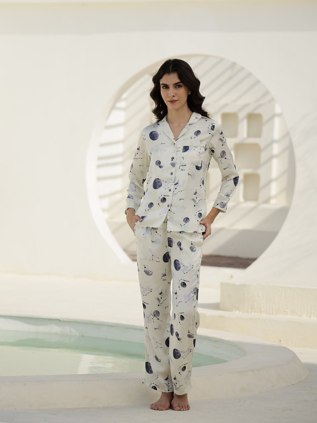 Shirt Collar Printed Satin Night Suit - SanskrutiHomes 