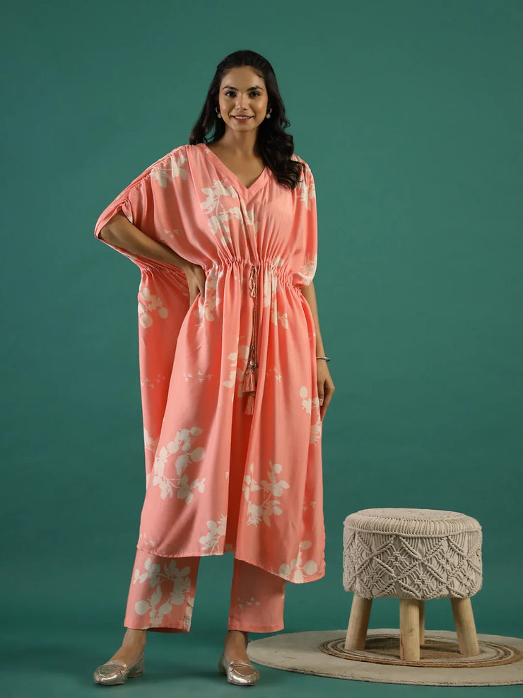 Pre Order: Lotus Printed Tassels Detailed Kaftan Coord Set