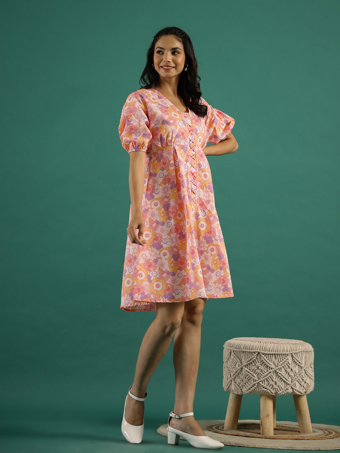 Floral Printed Cotton Ethnic Dress - SanskrutiHomes 