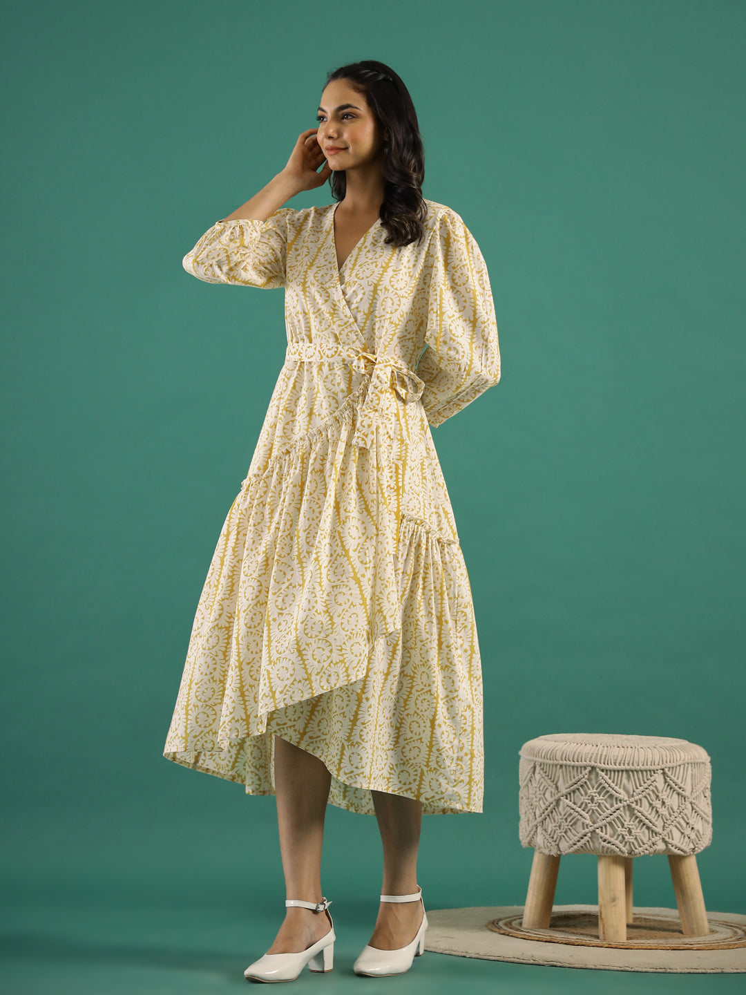 Printed Cotton Midi Ethnic Dress - SanskrutiHomes 