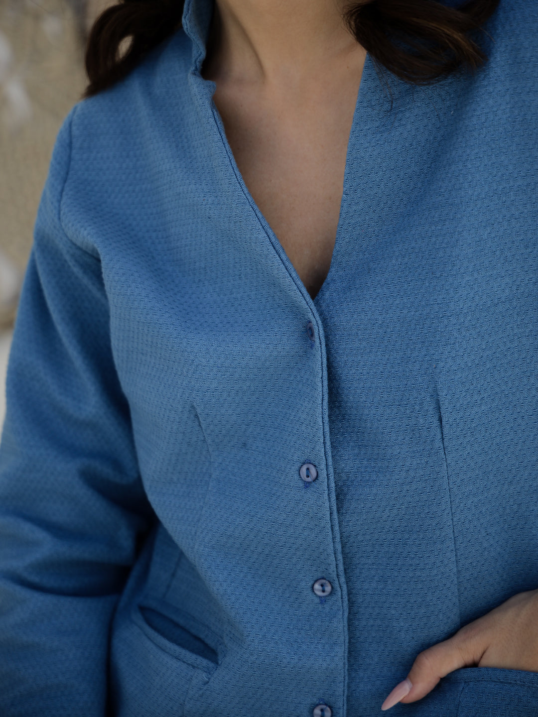 Blue Solid Print Jacket For Women