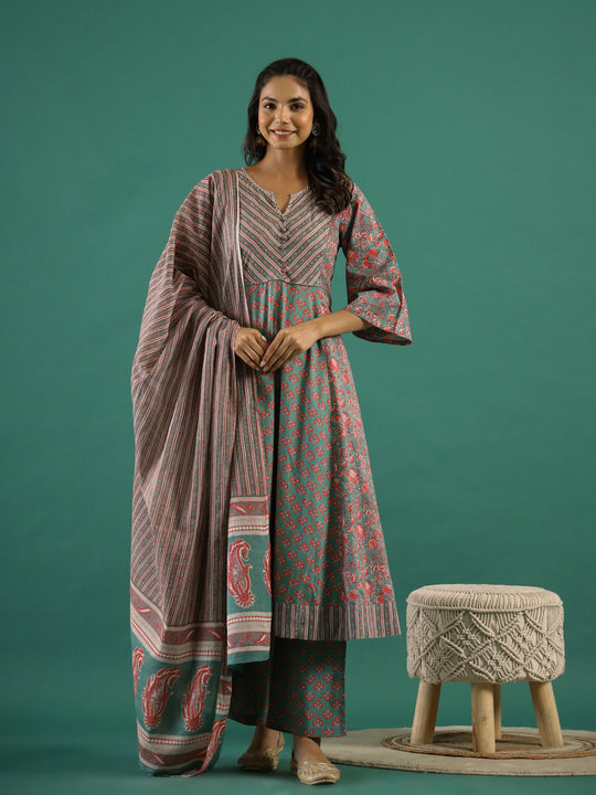 Set of 3 Flower Printed Kurta Set with Dupatta