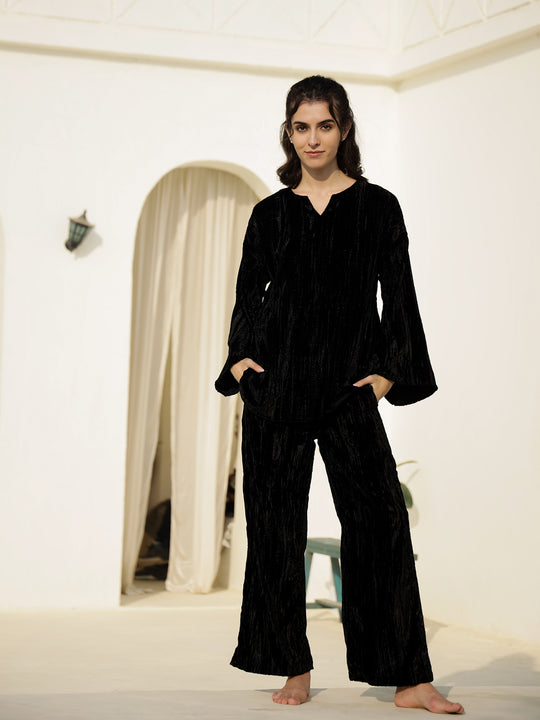 Black Crush Velvet Night Suit for Women