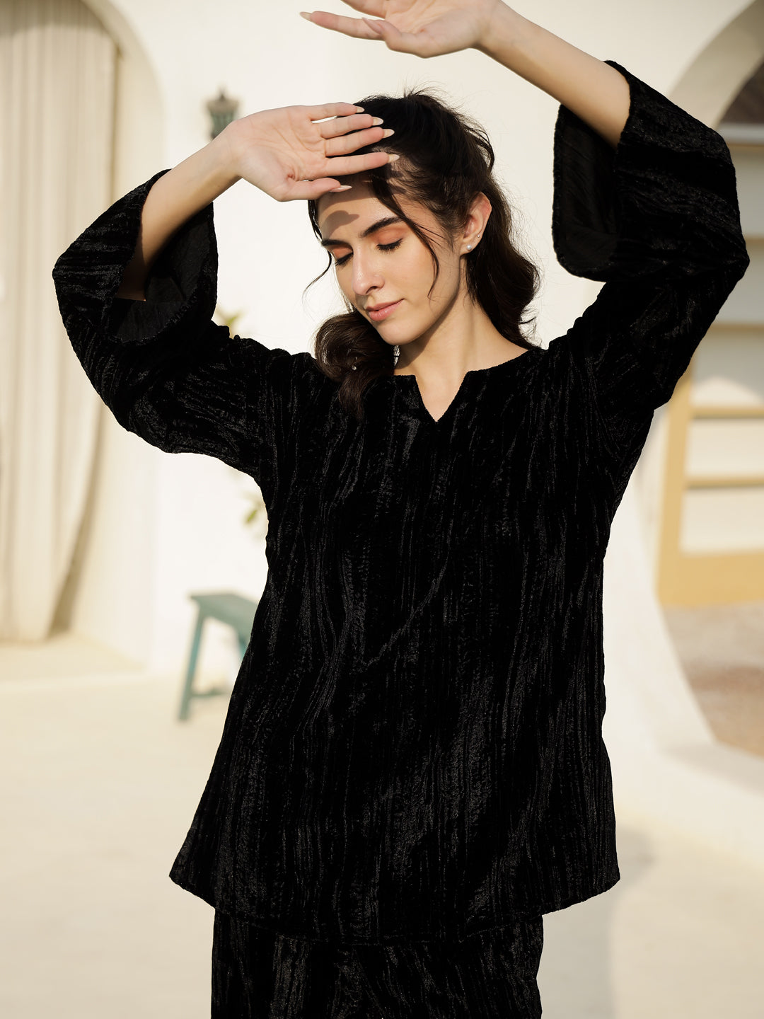 Black Crush Velvet Night Suit For Women