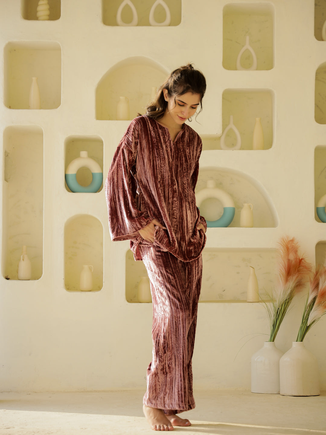 Flamingo crush velvet Night Suit for Women - SanskrutiHomes 