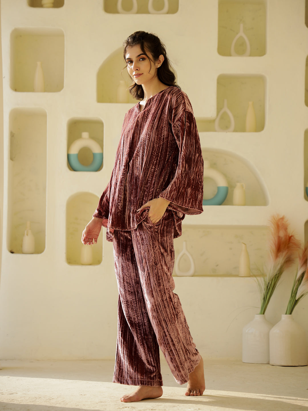 Flamingo crush velvet Night Suit for Women