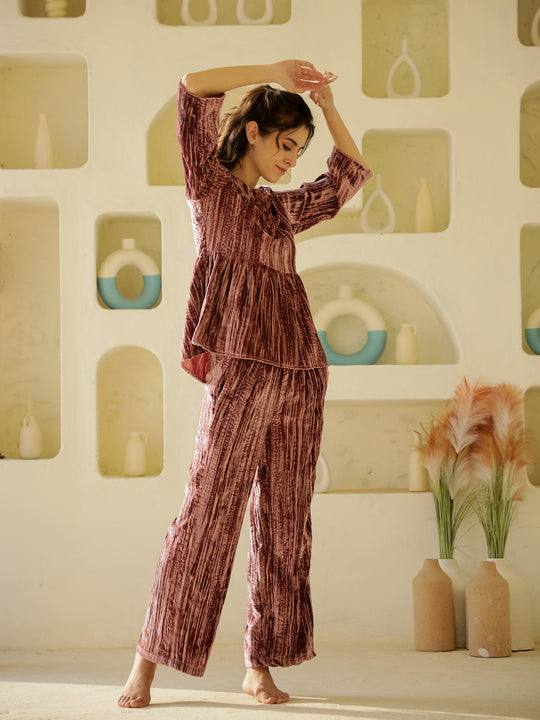 Pink Solid Print Night Suit for Women