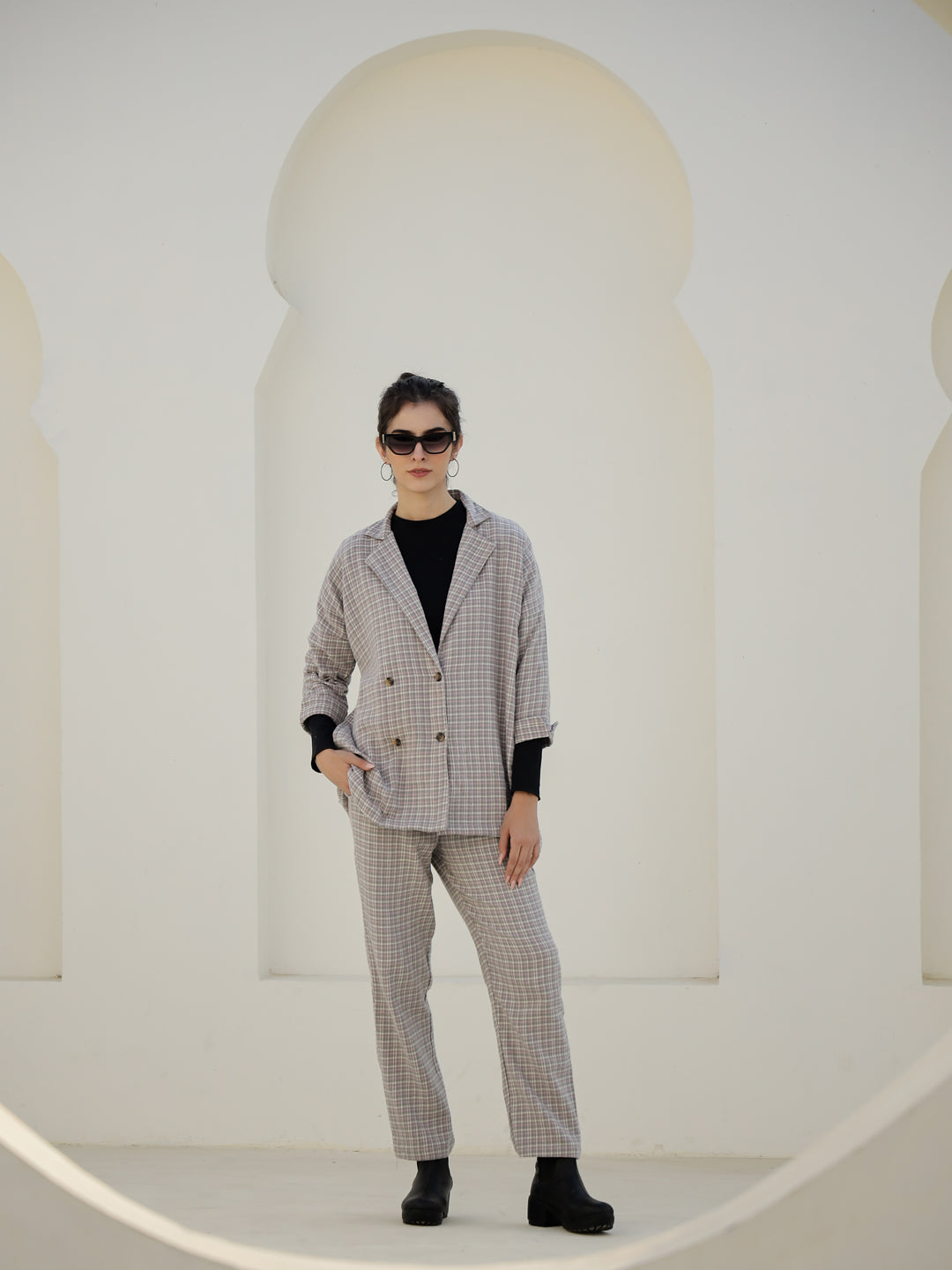 Grey Color Cashmere Strips Printed Lapel Collar Co-Ords Set