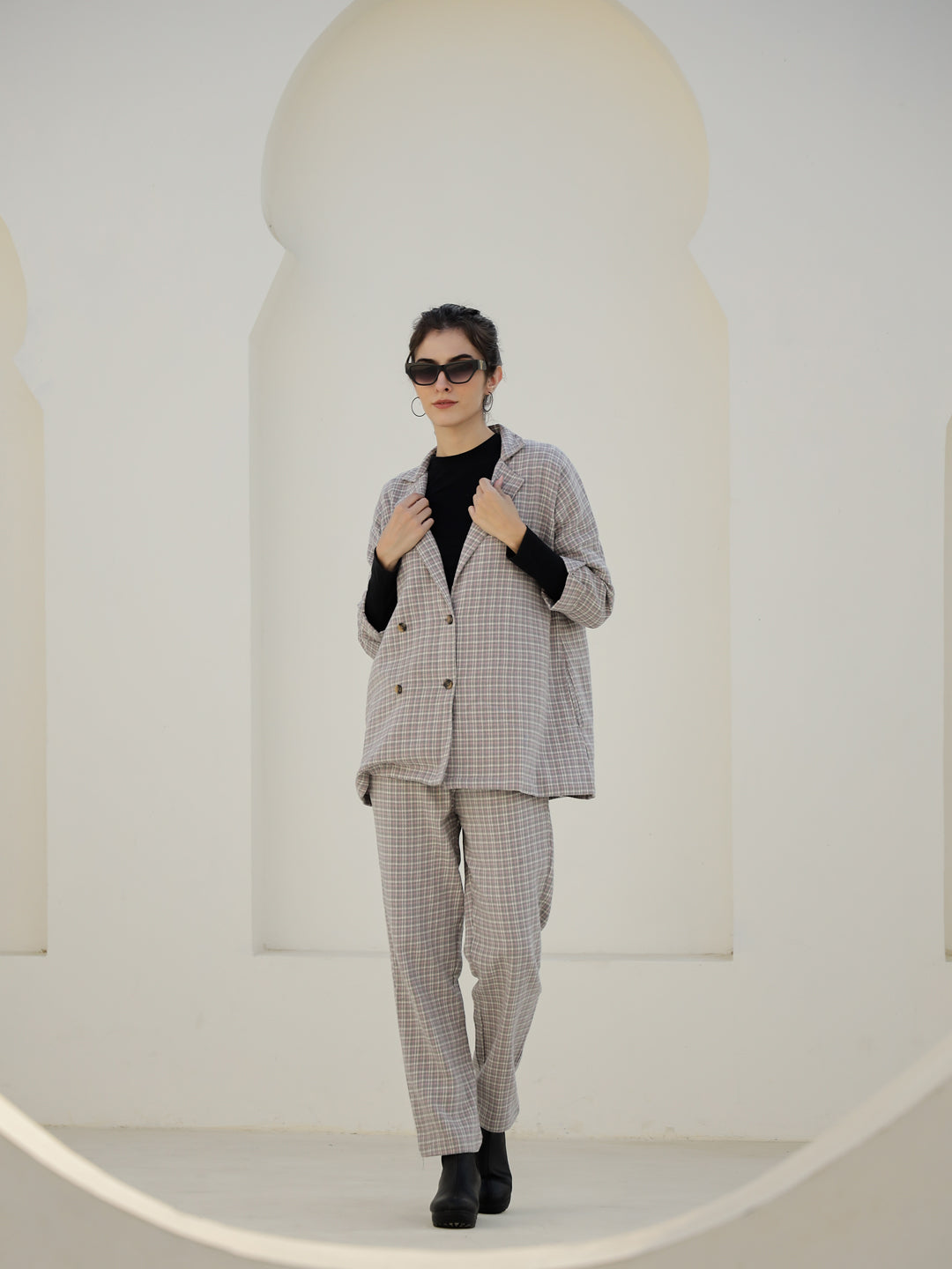 Grey Color Cashmere Strips Printed Lapel Collar Co-Ords Set