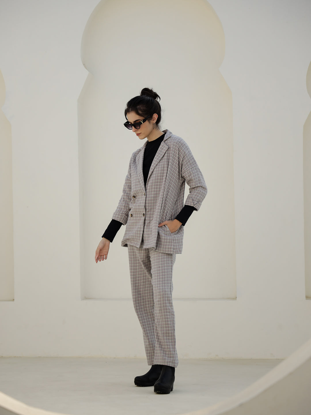 Grey Color Cashmere Strips Printed Lapel Collar Co-Ords Set