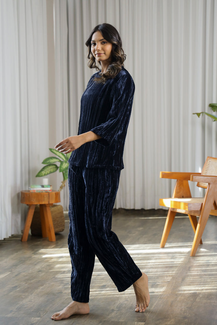 Navy Blue Crushed Velvet Night Suit