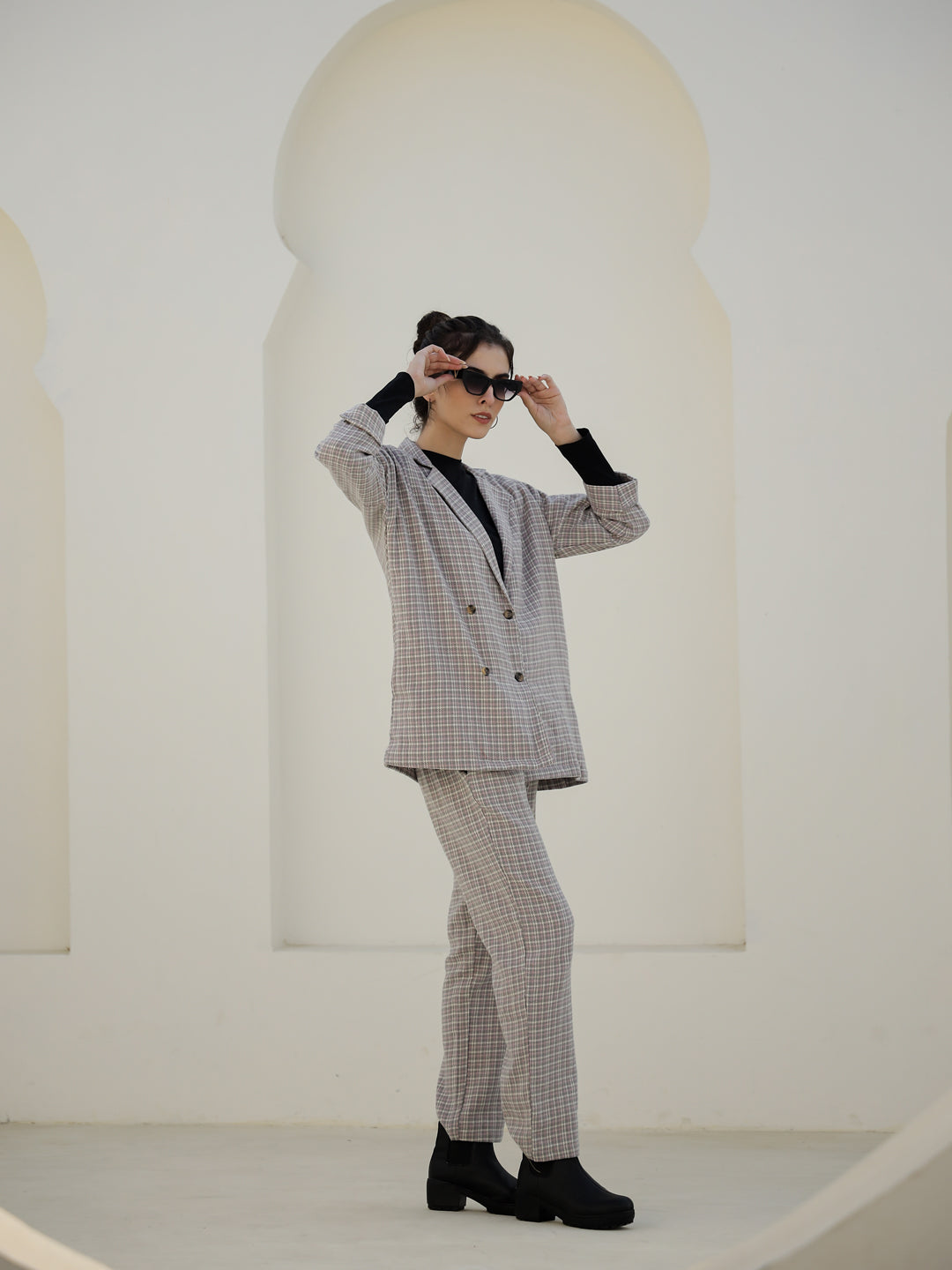 Grey Color Cashmere Strips Printed Lapel Collar Co-Ords Set