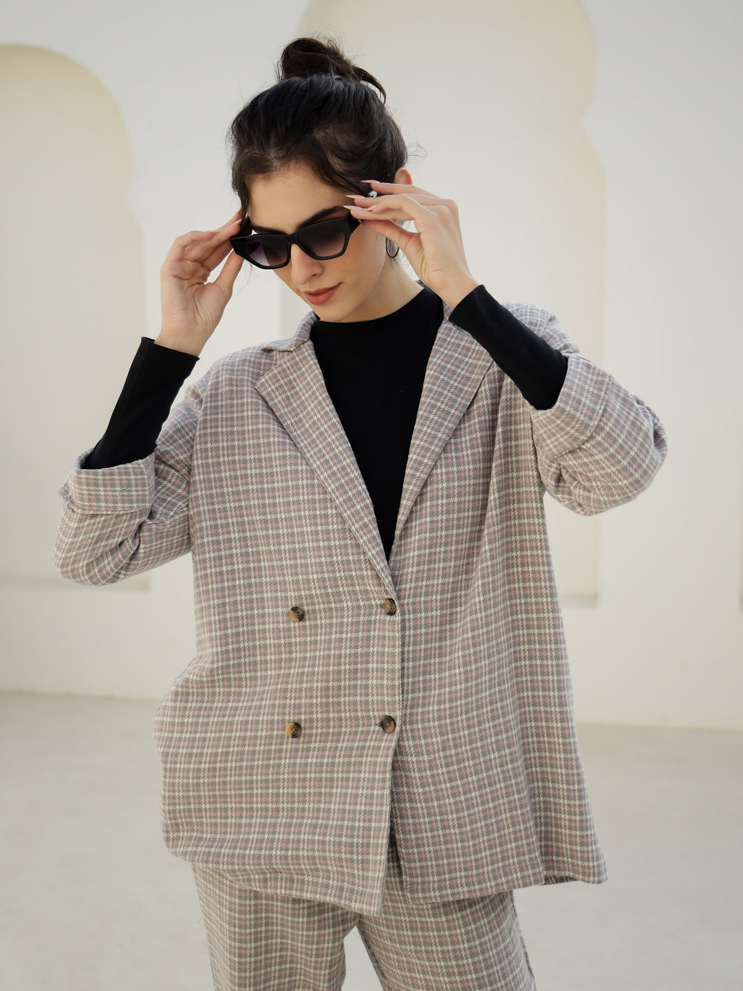 Grey Color Cashmere Strips Printed Lapel Collar Co-Ords Set