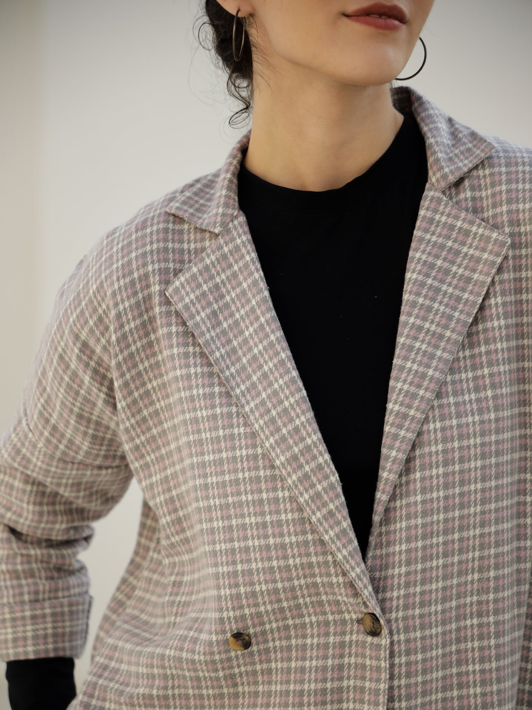 Grey Color Cashmere Strips Printed Lapel Collar Co-Ords Set