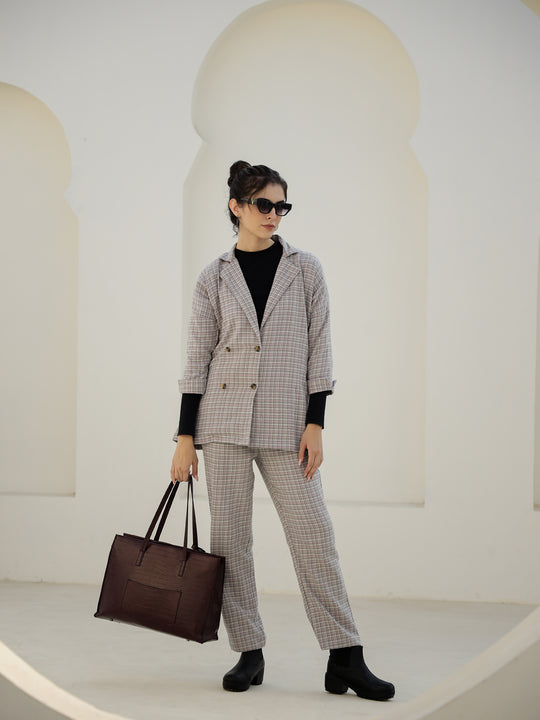 Grey Color Strips Printed Lapel Collar Co-ords Set