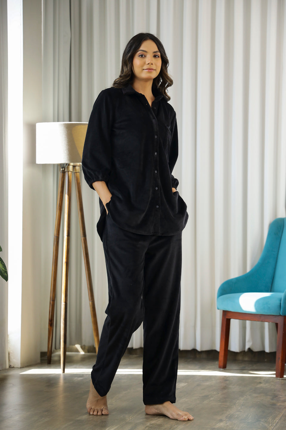 Black Shirt Collar Solid Velvet Night Suit For Women