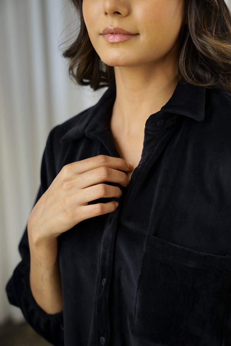 Black Shirt Collar Solid Velvet Night Suit For Women