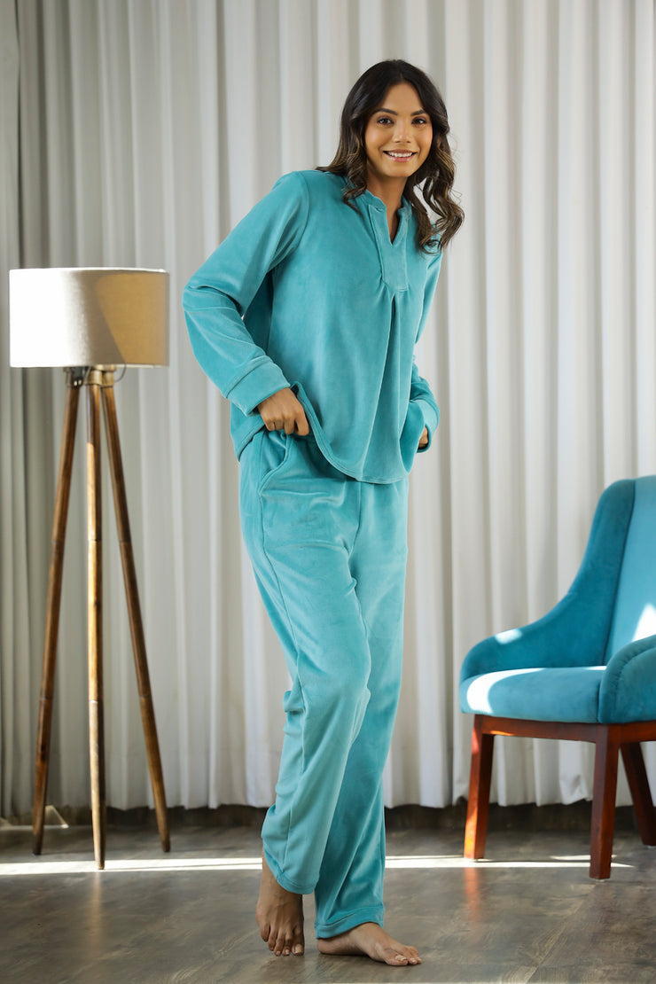 Sea Green Velvet Night Suit