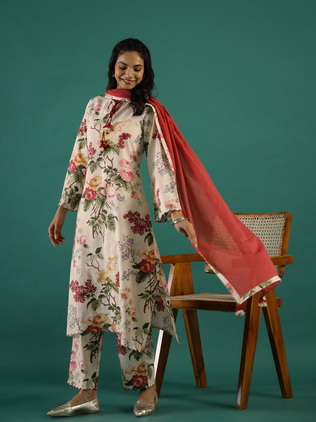 Floral Printed Cotton Kurta Set with Dupatta