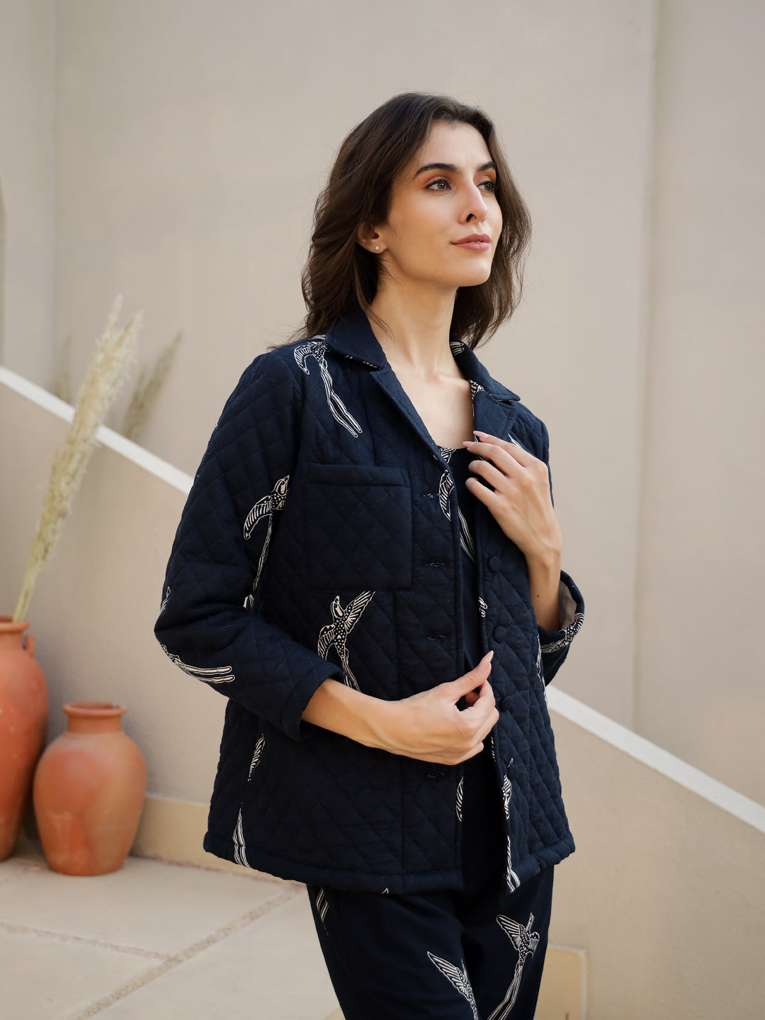 Set of 3 Navy Blue Quilted Night Suit for Women