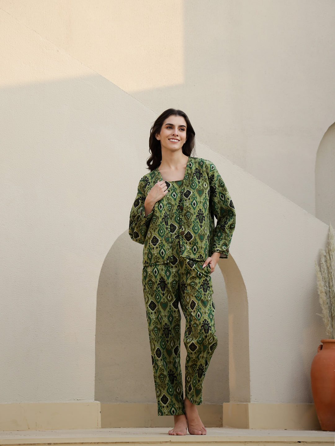 Set Of 3 Green Printed Quilted Co-Ords Set