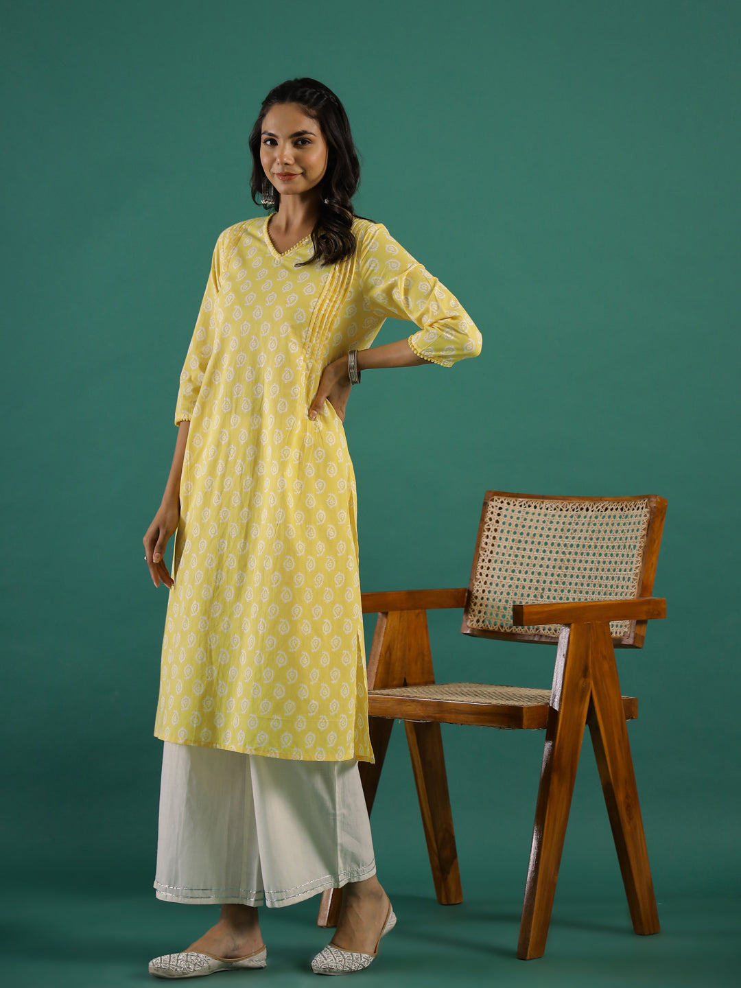 Summer yellow Cotton Printed kurta - SanskrutiHomes 