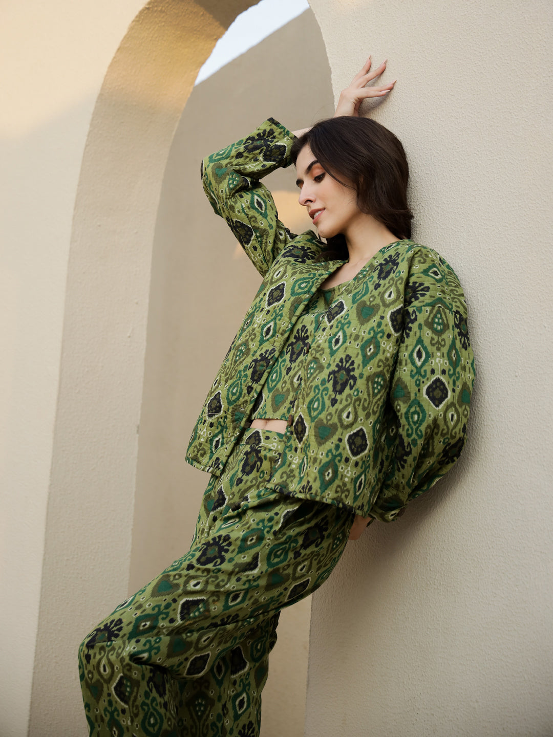 Set Of 3 Green Printed Quilted Co-Ords Set