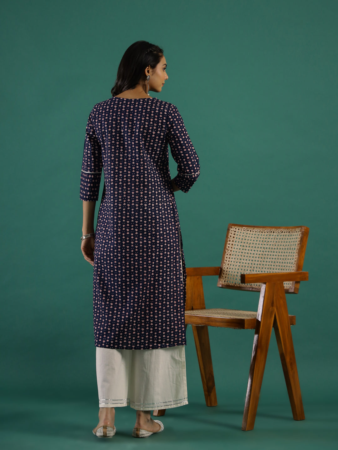 Indigo Ethnic Motif Printed Cotton Straight Kurta - SanskrutiHomes 