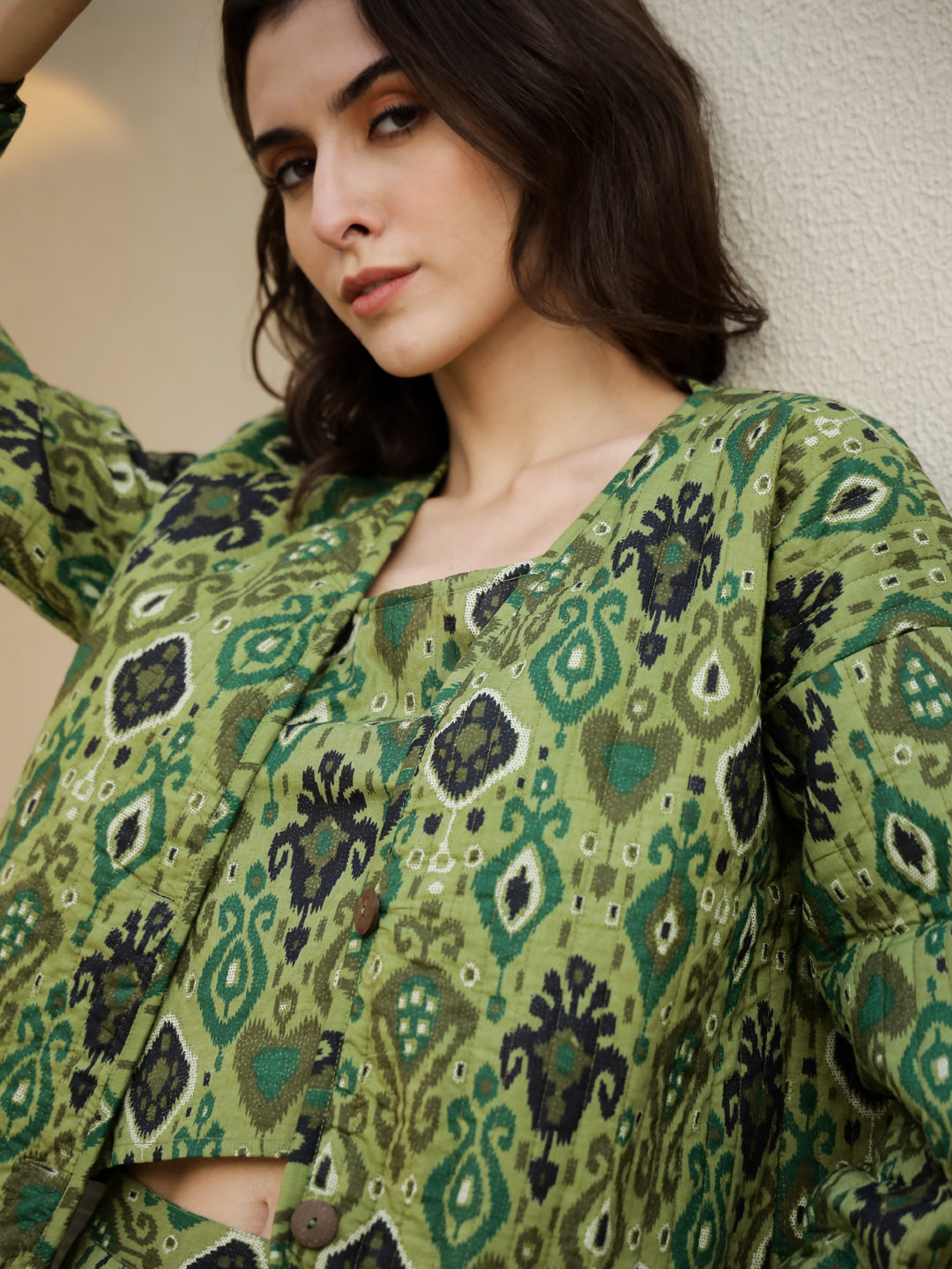 Set Of 3 Green Printed Quilted Co-Ords Set