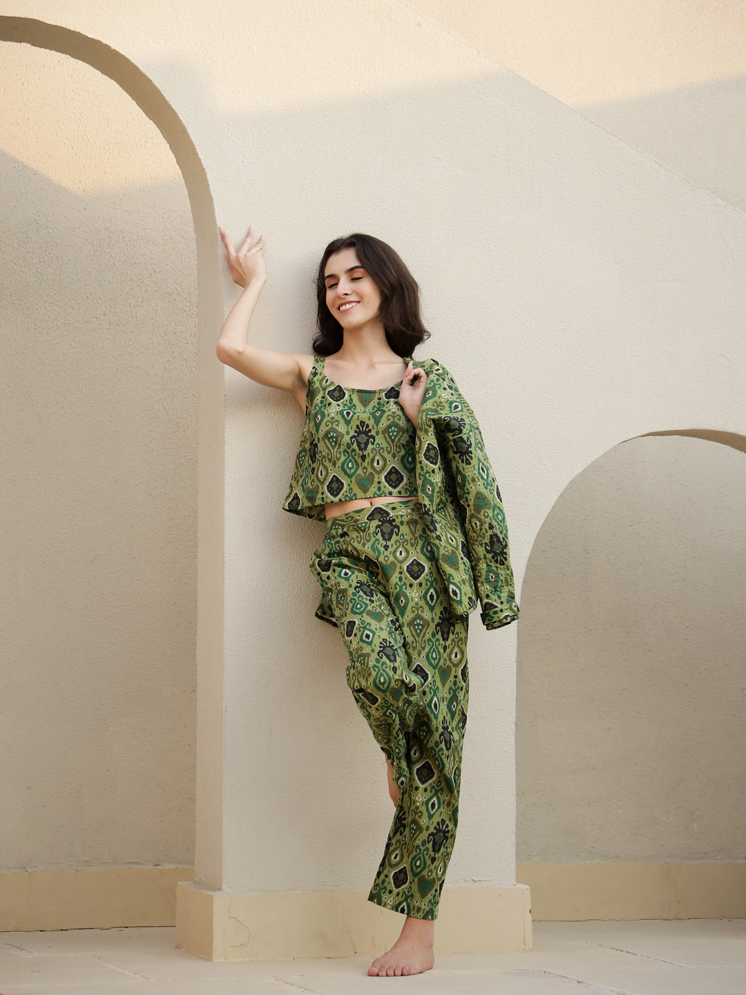 Set Of 3 Green Printed Quilted Co-Ords Set
