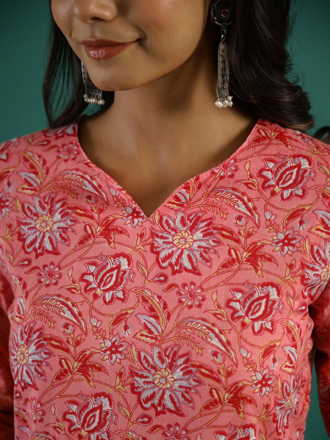Pink Ethnic Printed Cotton Straight Kurta