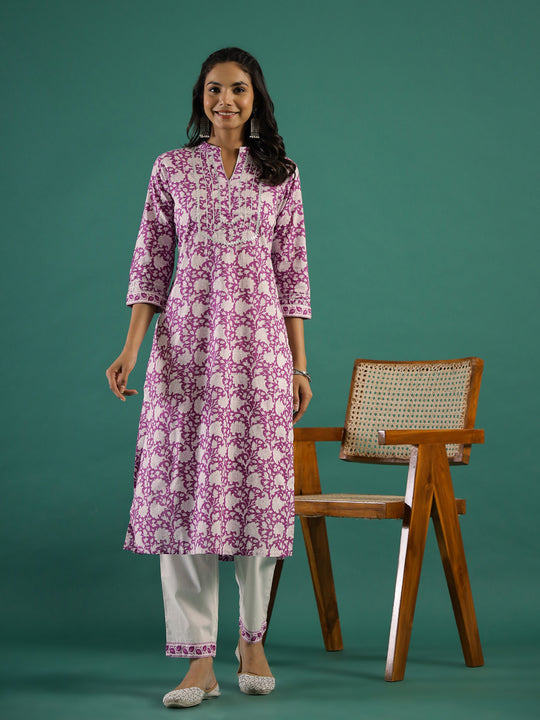 Purple Printed Kurti Set