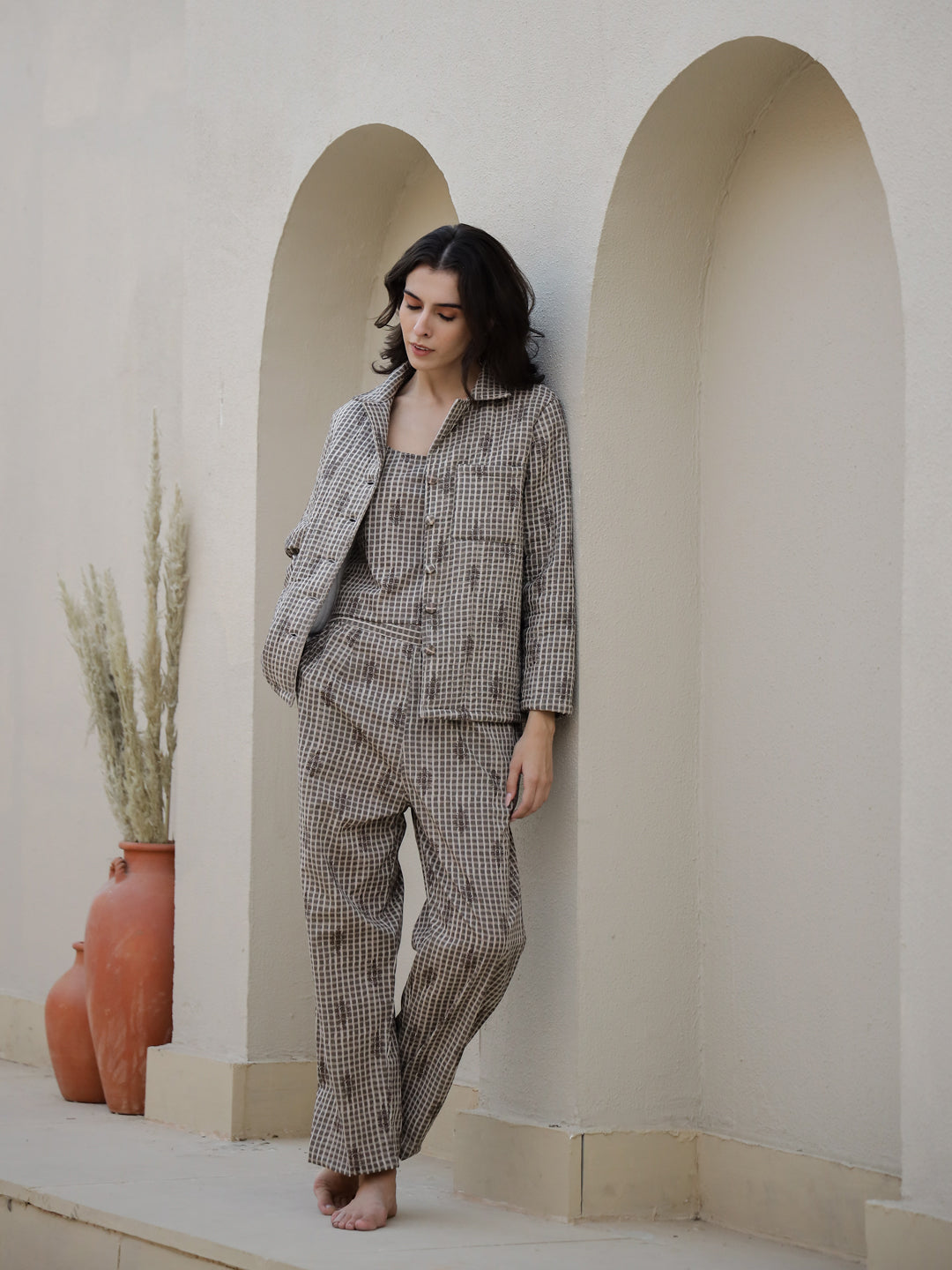 Set Of 3 Brown Quilted Night Suit Set