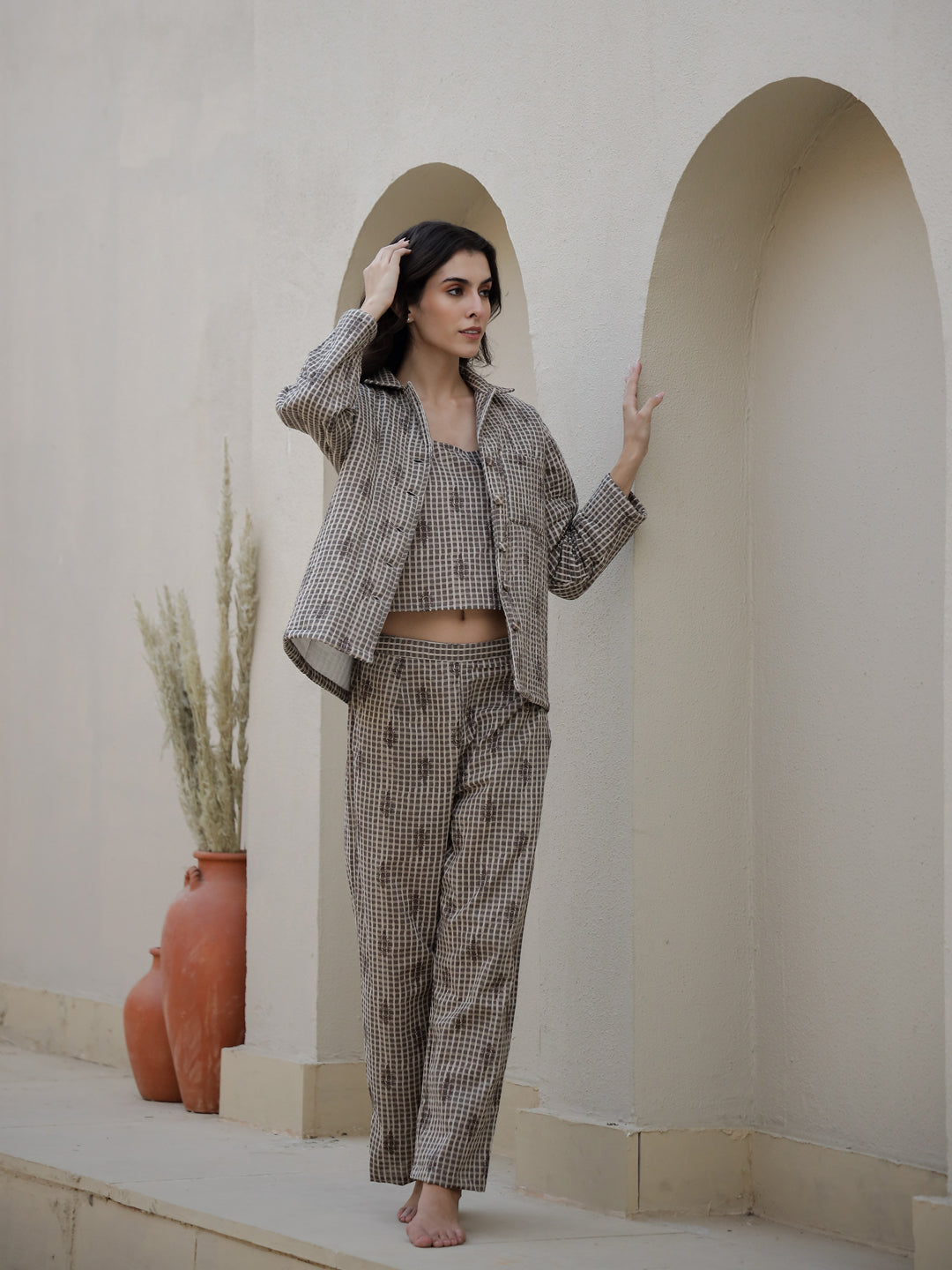 Set Of 3 Brown Quilted Night Suit Set