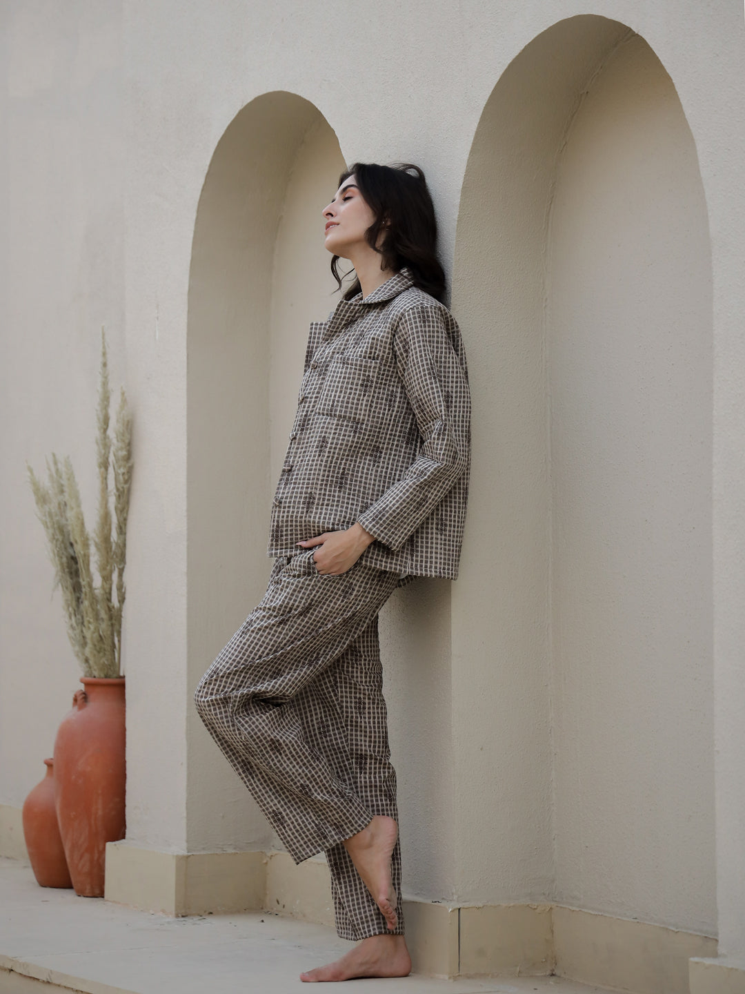 Set Of 3 Brown Quilted Night Suit Set