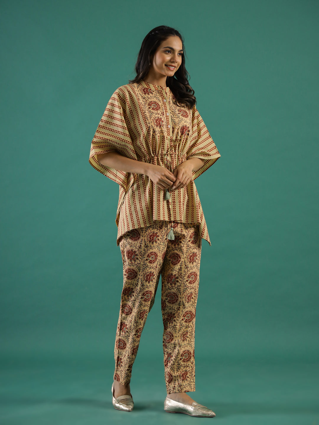 Musterd Round Neck Block Print Pure Cotton Night Suit Set For Women