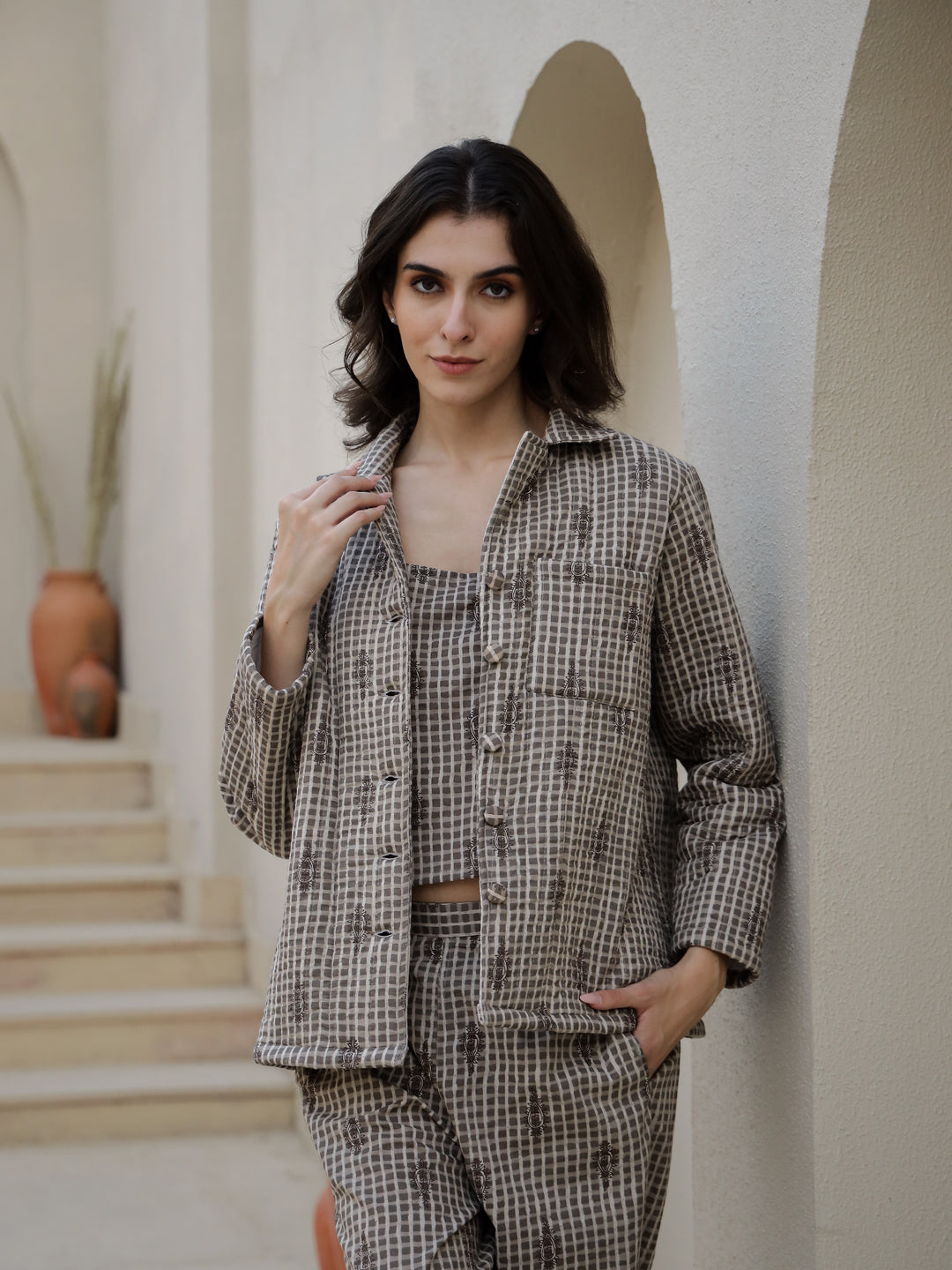 Set Of 3 Brown Quilted Night Suit Set