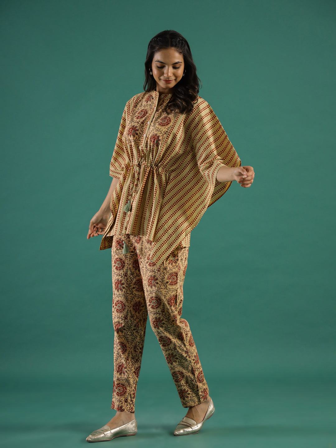 Musterd Round Neck Block Print Pure Cotton Night Suit Set For Women