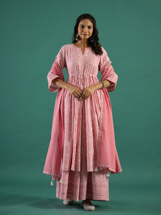Pink Floral Printed Cotton Kurta with Dupatta