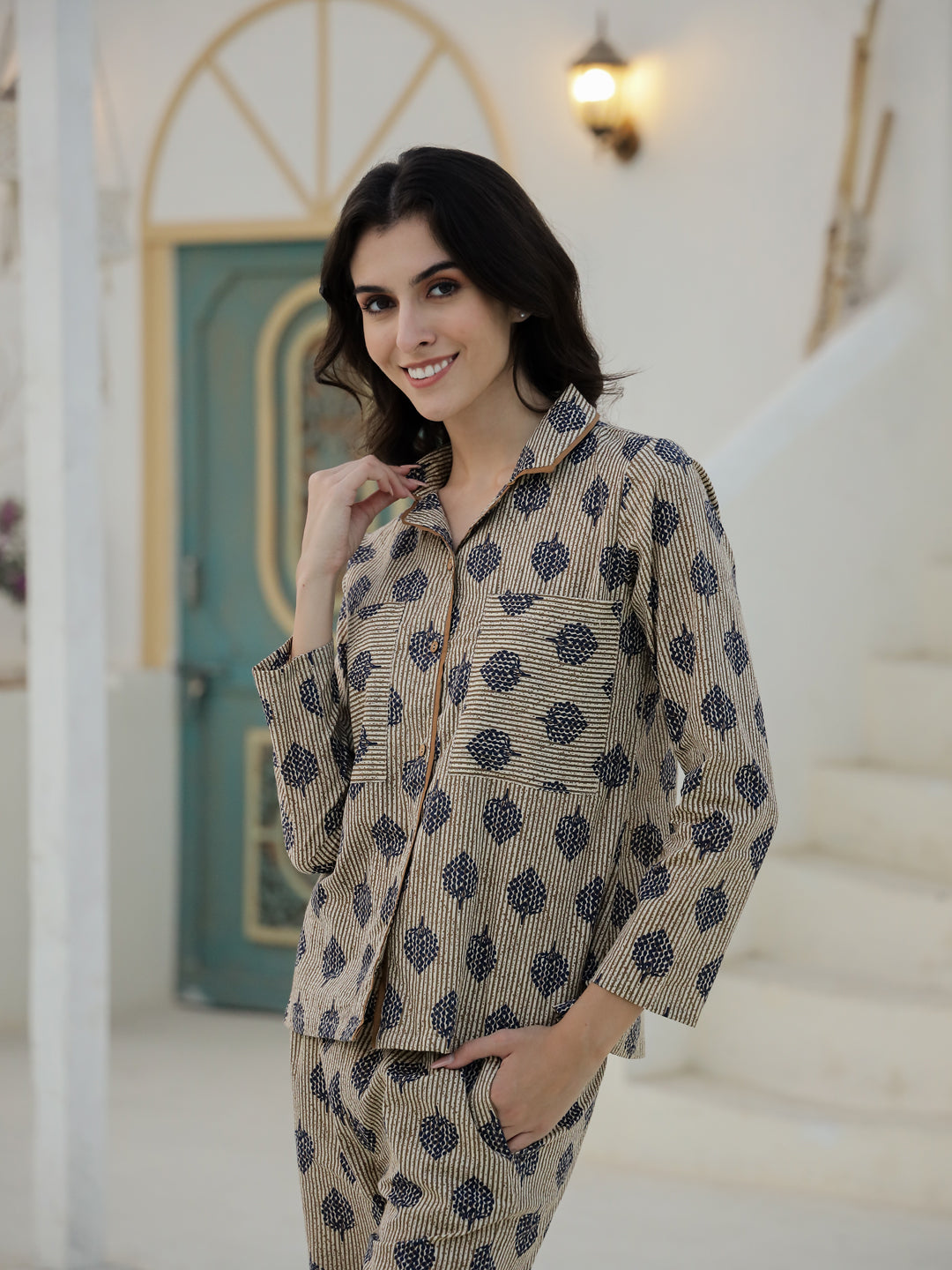 Leaf Printed Cotton Night Suit Set