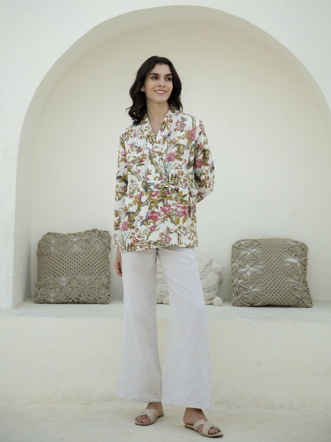 Floral Printed V-Neck Quilted Jacket for Women - SanskrutiHomes 