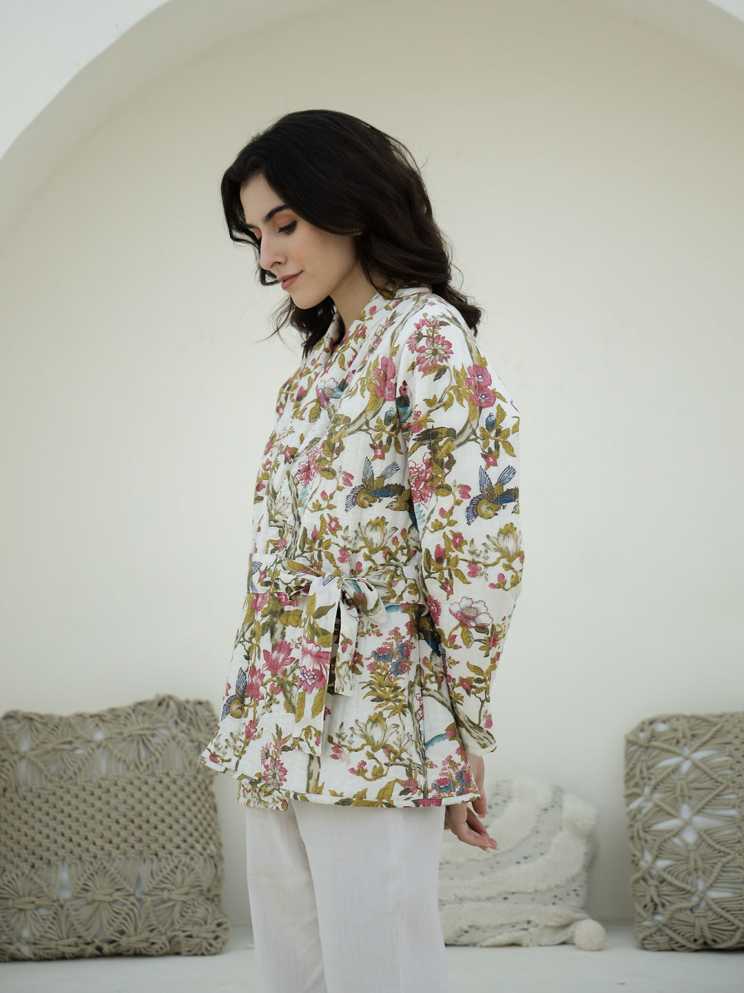 Floral Printed V-Neck Quilted Jacket for Women - SanskrutiHomes 